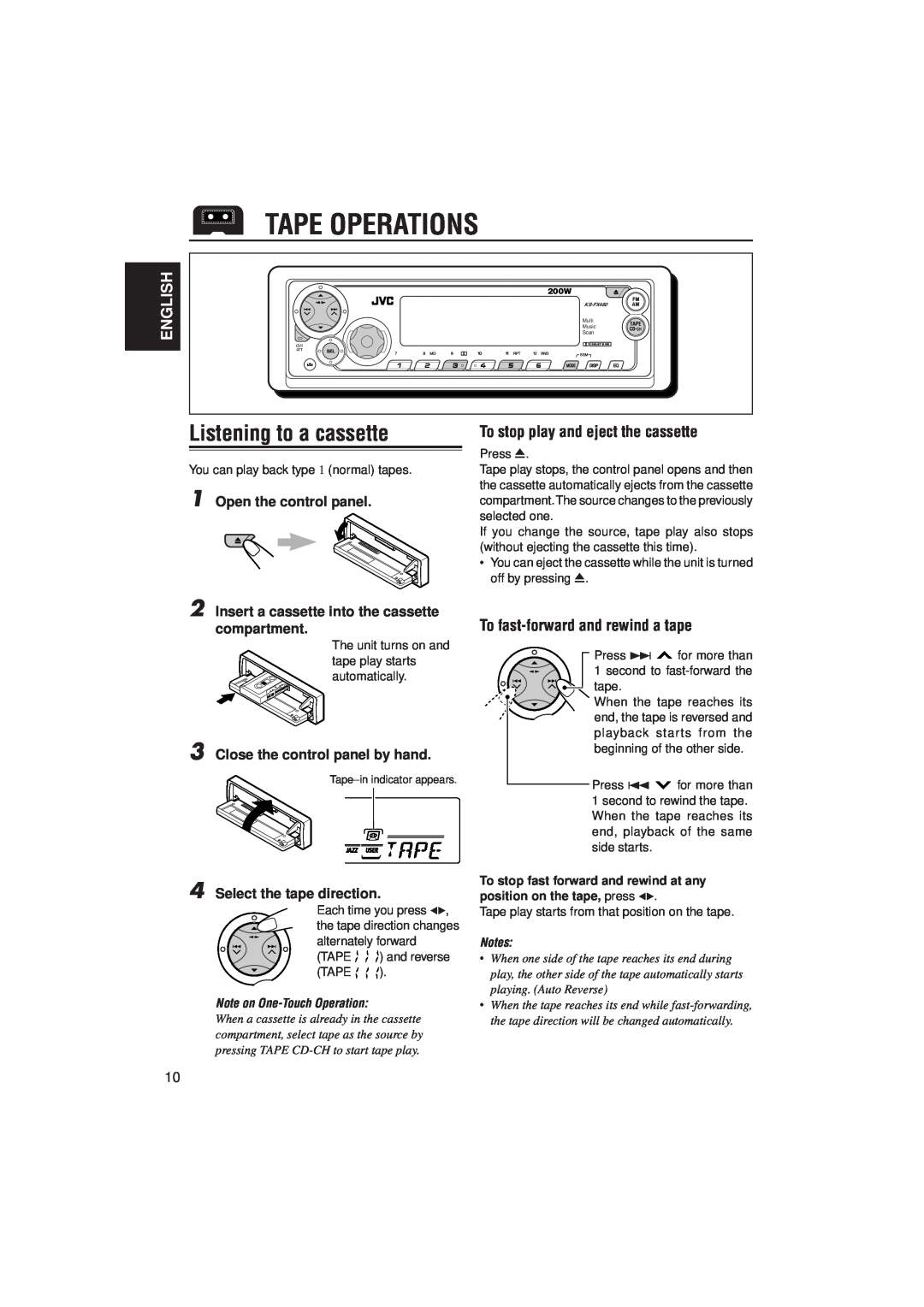 JVC KS-FX480J manual Tape Operations, Listening to a cassette, To stop play and eject the cassette, English 