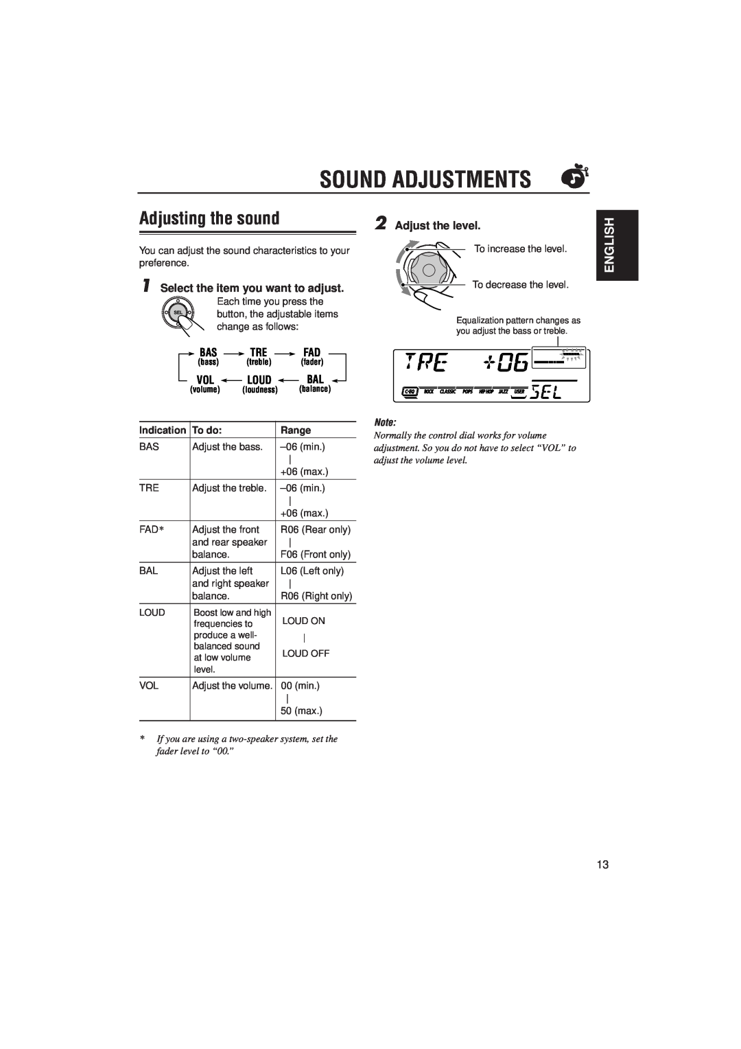 JVC KS-FX480J Sound Adjustments, Adjusting the sound, English, Adjust the level, Select the item you want to adjust, To do 