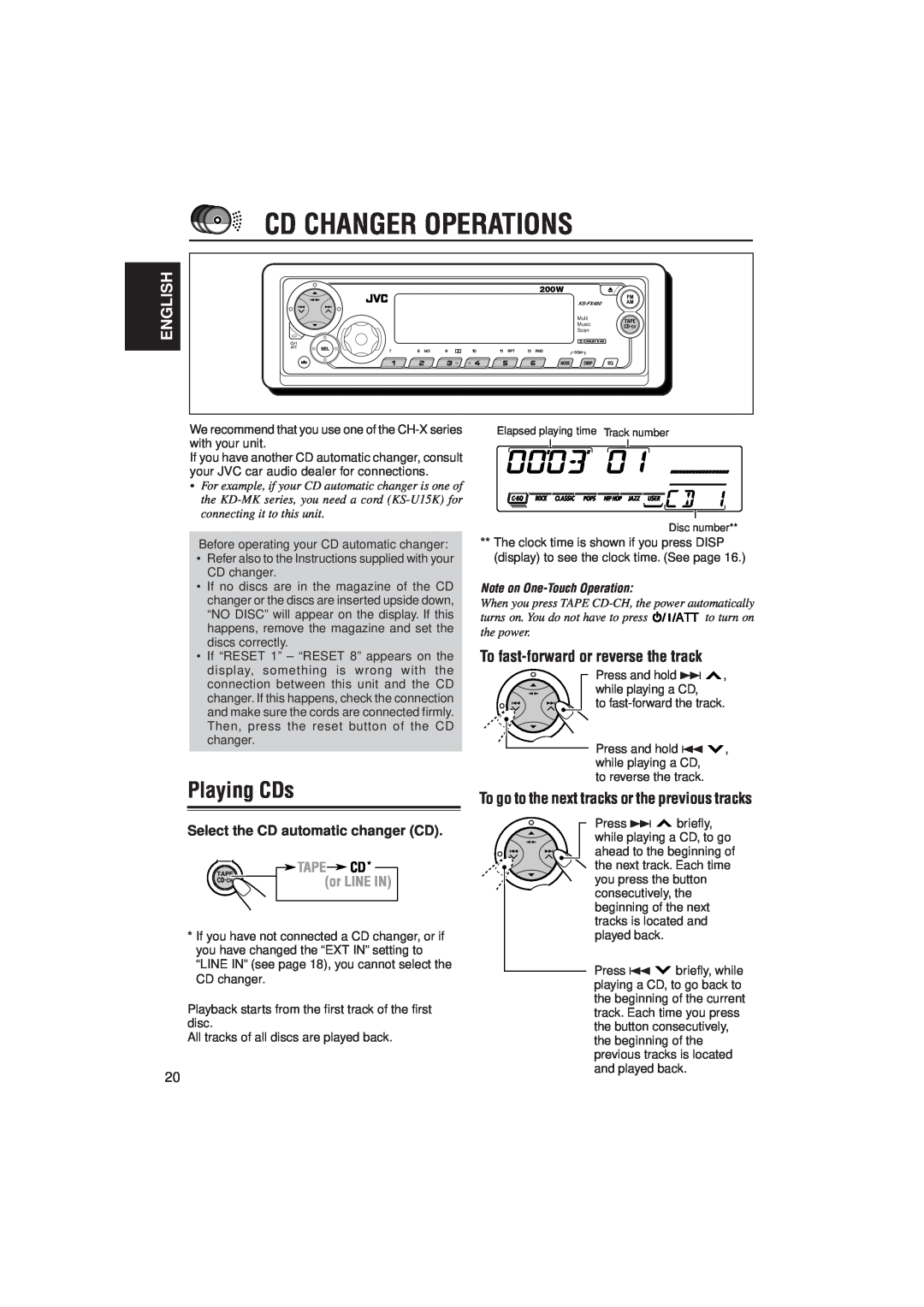 JVC KS-FX480J manual Cd Changer Operations, Playing CDs, To fast-forwardor reverse the track, English, Tape 