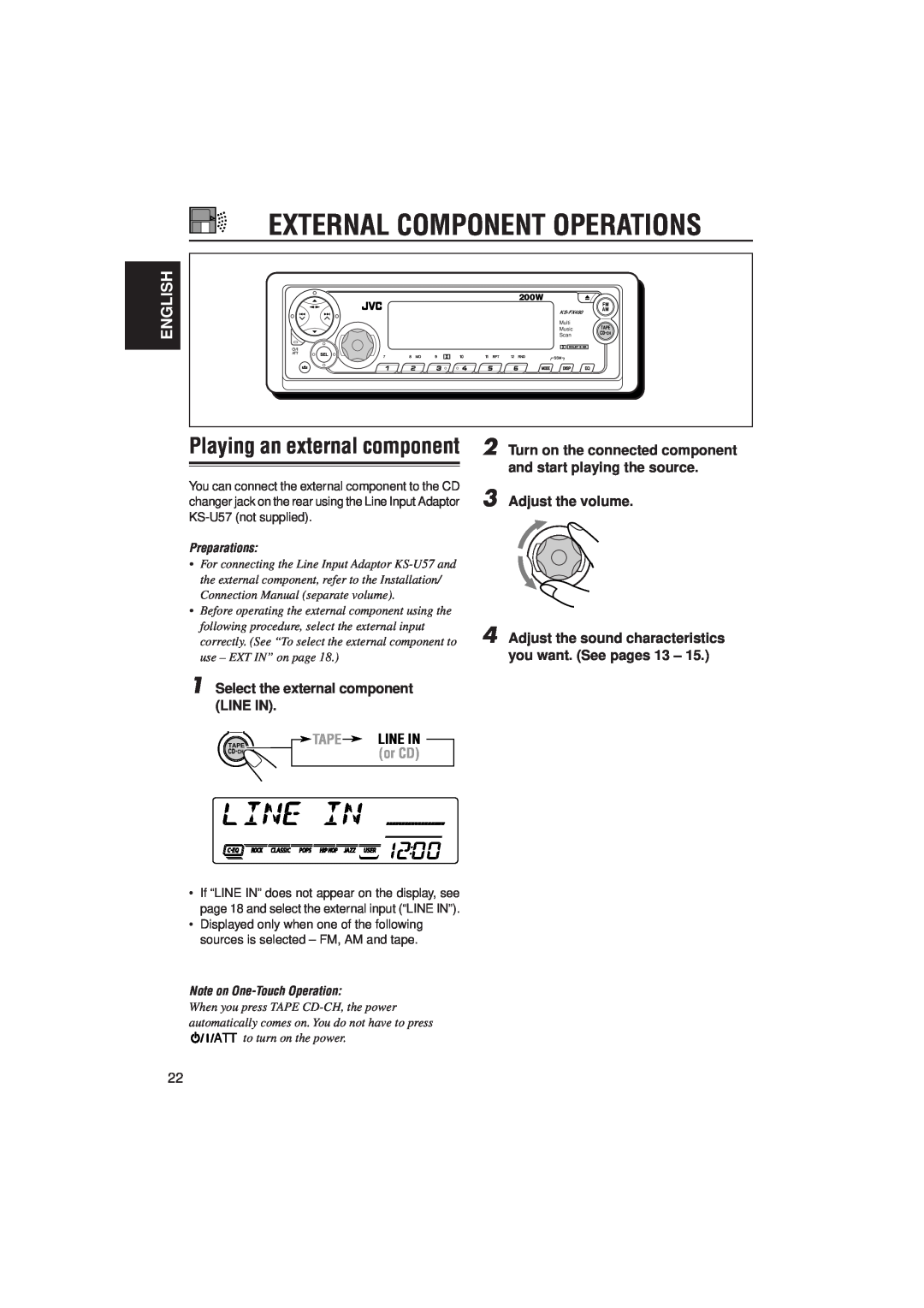 JVC KS-FX480J External Component Operations, Playing an external component, English, Select the external component LINE IN 