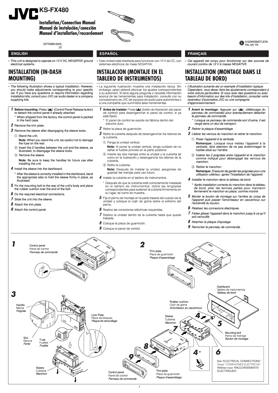 JVC KS-FX480J manual Installation In-Dash Mounting, Tableau De Bord, Installation Montage Dans Le, English, Français 