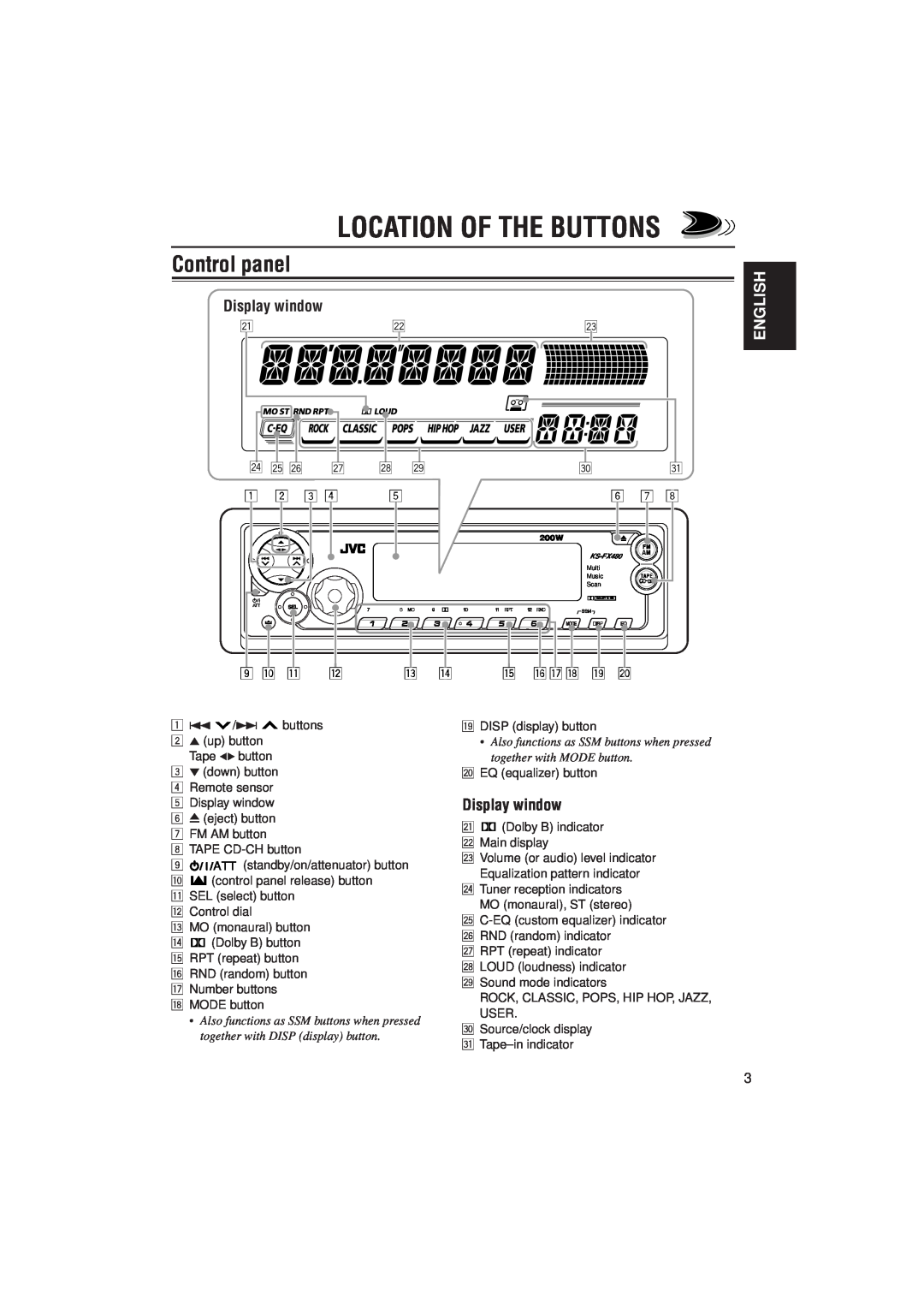 JVC KS-FX480J manual Display window, Location Of The Buttons, Control panel, English 