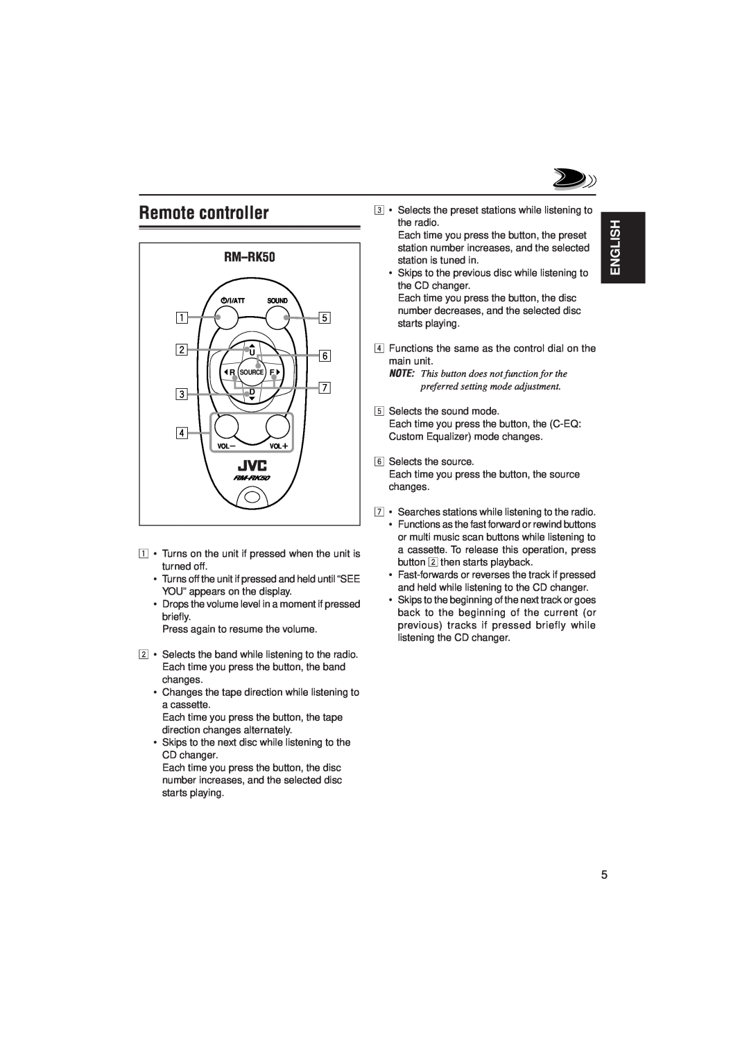 JVC KS-FX480J manual Remote controller, RM-RK50, 2 U6, 3 D7, English 