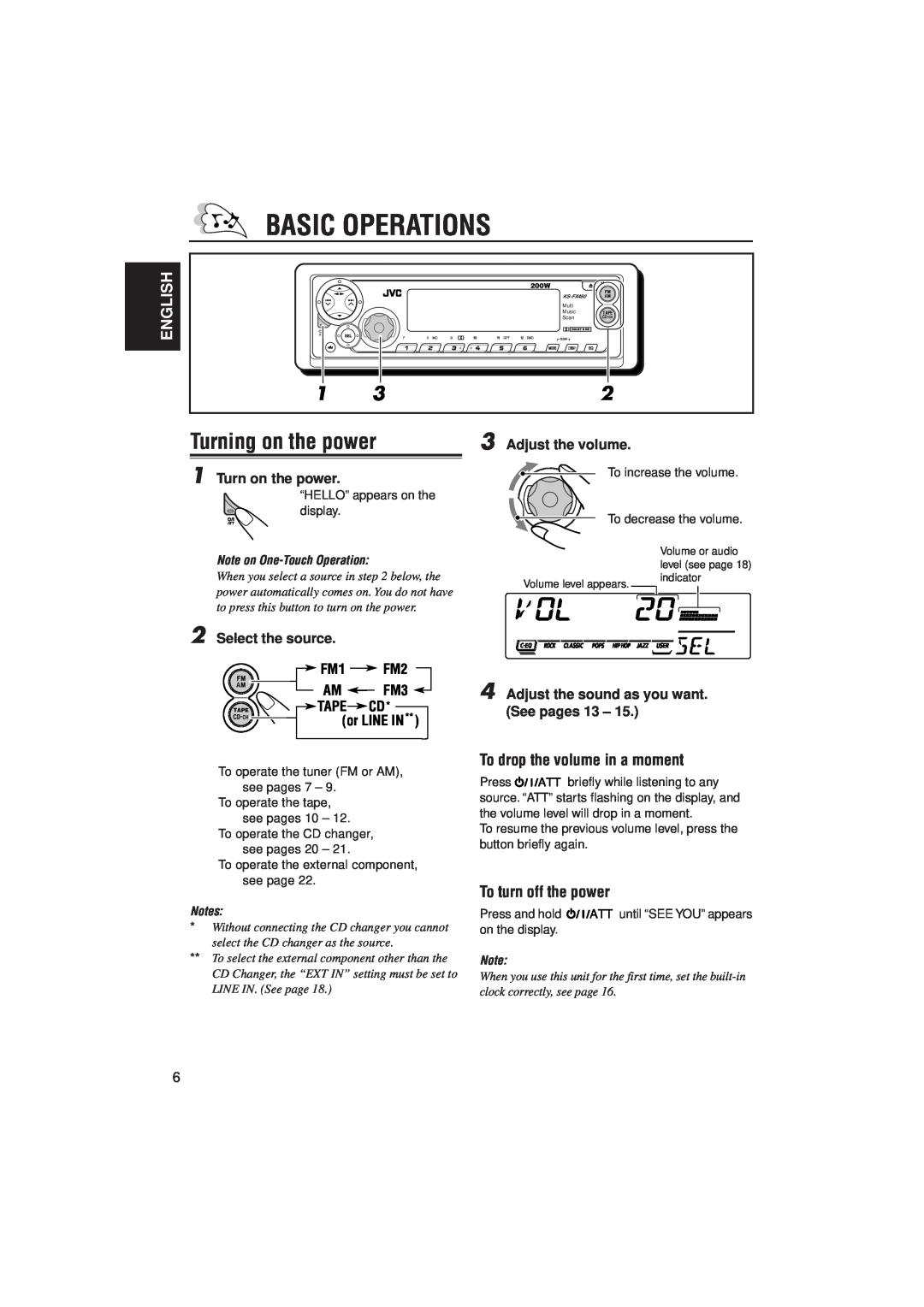 JVC KS-FX480J manual Basic Operations, Turning on the power, To drop the volume in a moment, To turn off the power, English 