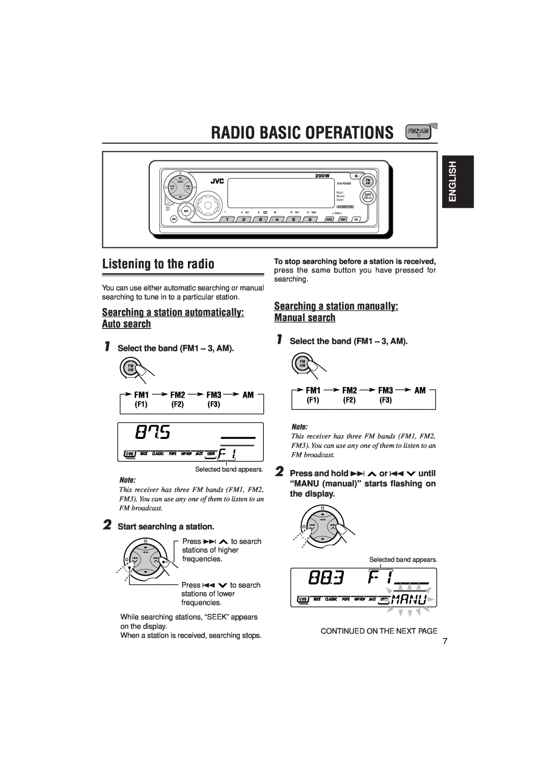 JVC KS-FX480J manual Radio Basic Operations, Listening to the radio, Searching a station automatically Auto search, English 