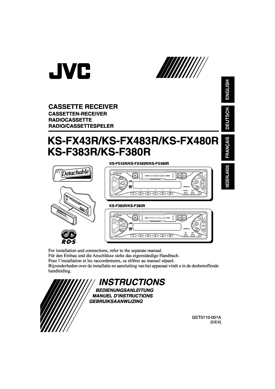 JVC KS-FX43R, KS-FX480R manual Cassette Receiver, Cassetten-Receiver Radiocassette, Radio/Cassettespeler, Instructions 