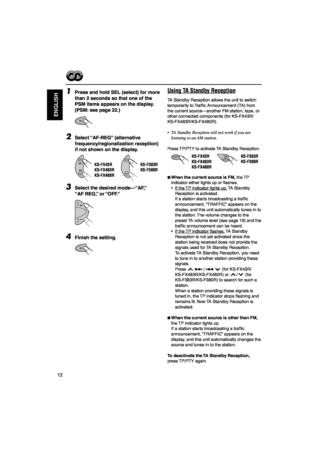 JVC manual Using TA Standby Reception, English, Finish the setting, KS-FX43R KS-F383R KS-FX483RKS-F380R KS-FX480R 