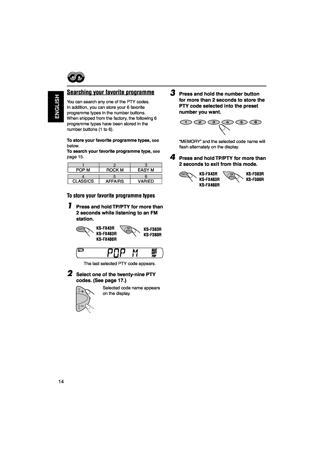 JVC KS-FX483R, KS-FX480R, KS-FX43R manual Searching your favorite programme, English, To store your favorite programme types 