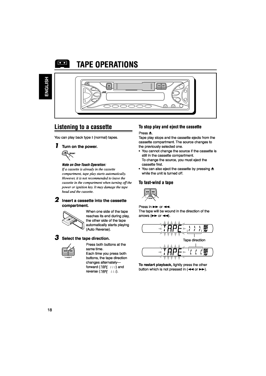 JVC KS-F383R Tape Operations, Listening to a cassette, English, To stop play and eject the cassette, To fast-winda tape 