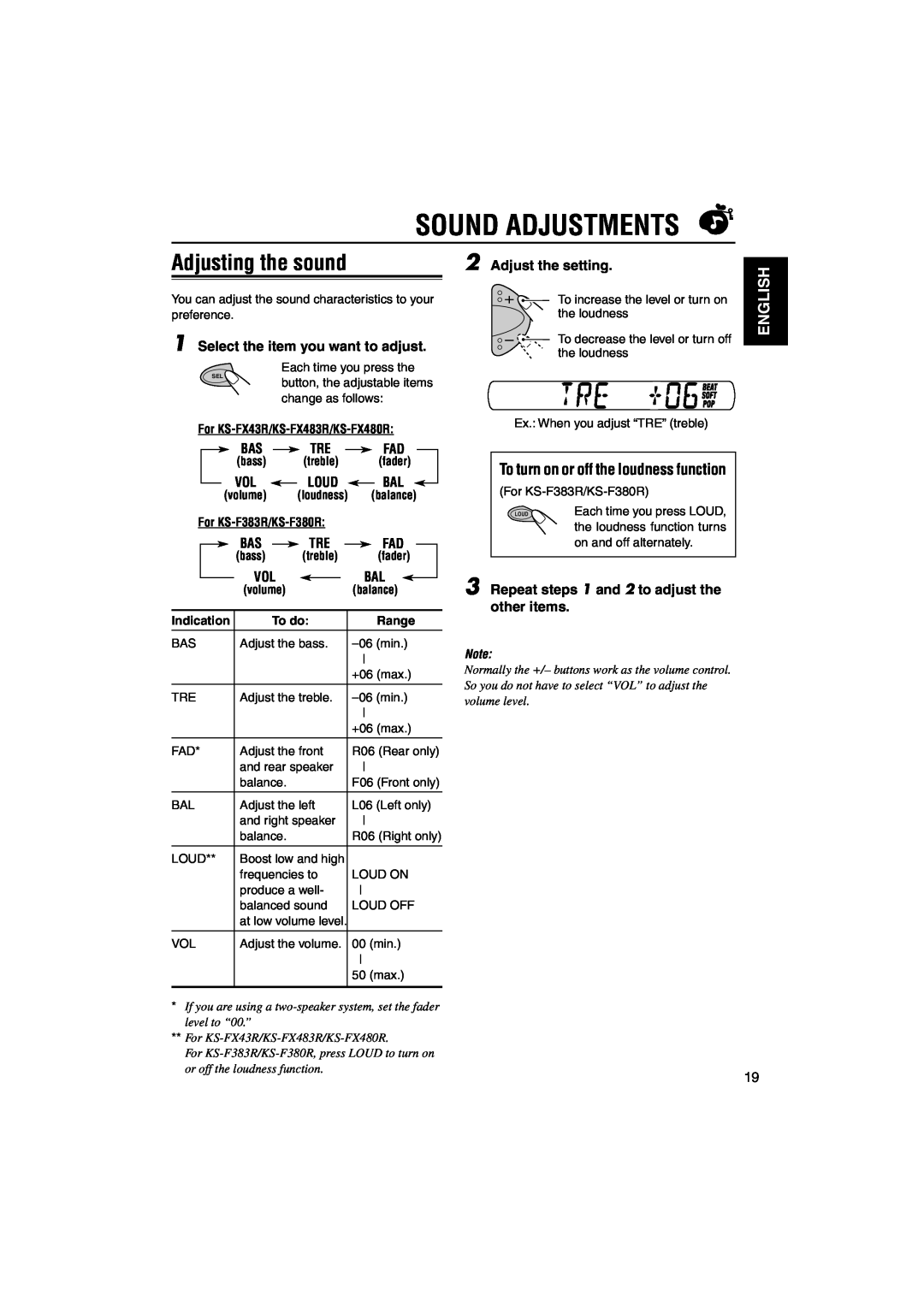 JVC KS-FX483R Sound Adjustments, Adjusting the sound, English, To turn on or off the loudness function, Adjust the setting 