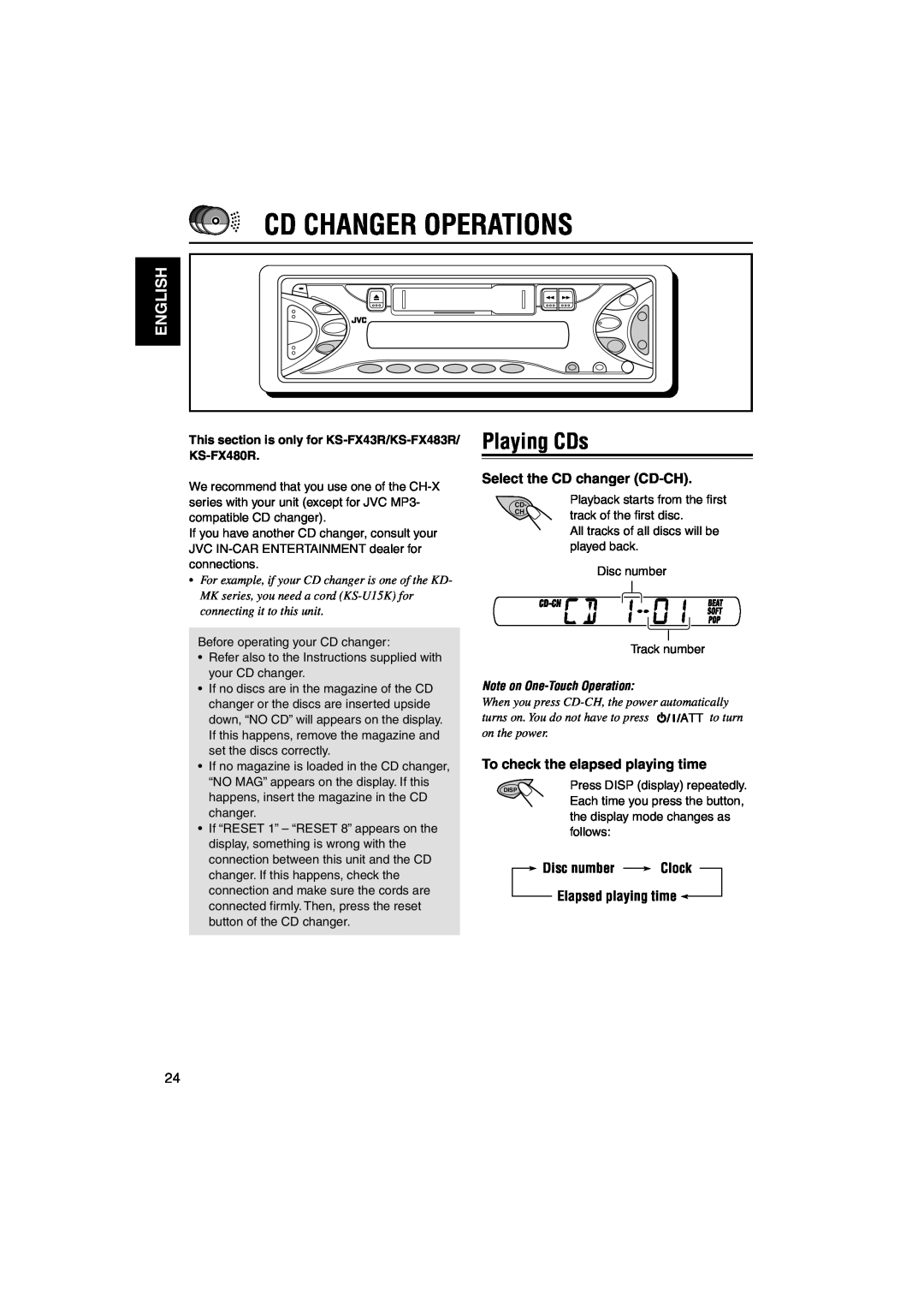 JVC KS-FX483R Cd Changer Operations, Playing CDs, English, Select the CD changer CD-CH, To check the elapsed playing time 