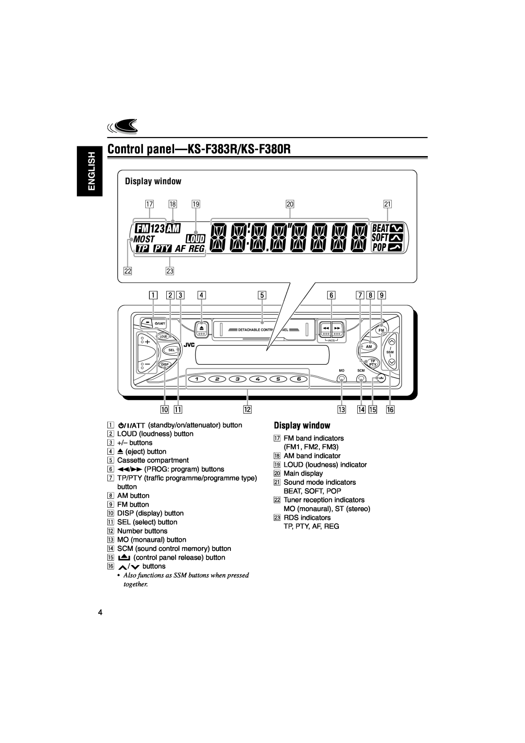 JVC KS-FX483R, KS-FX480R, KS-FX43R manual Control panel-KS-F383R/KS-F380R, English, Display window 