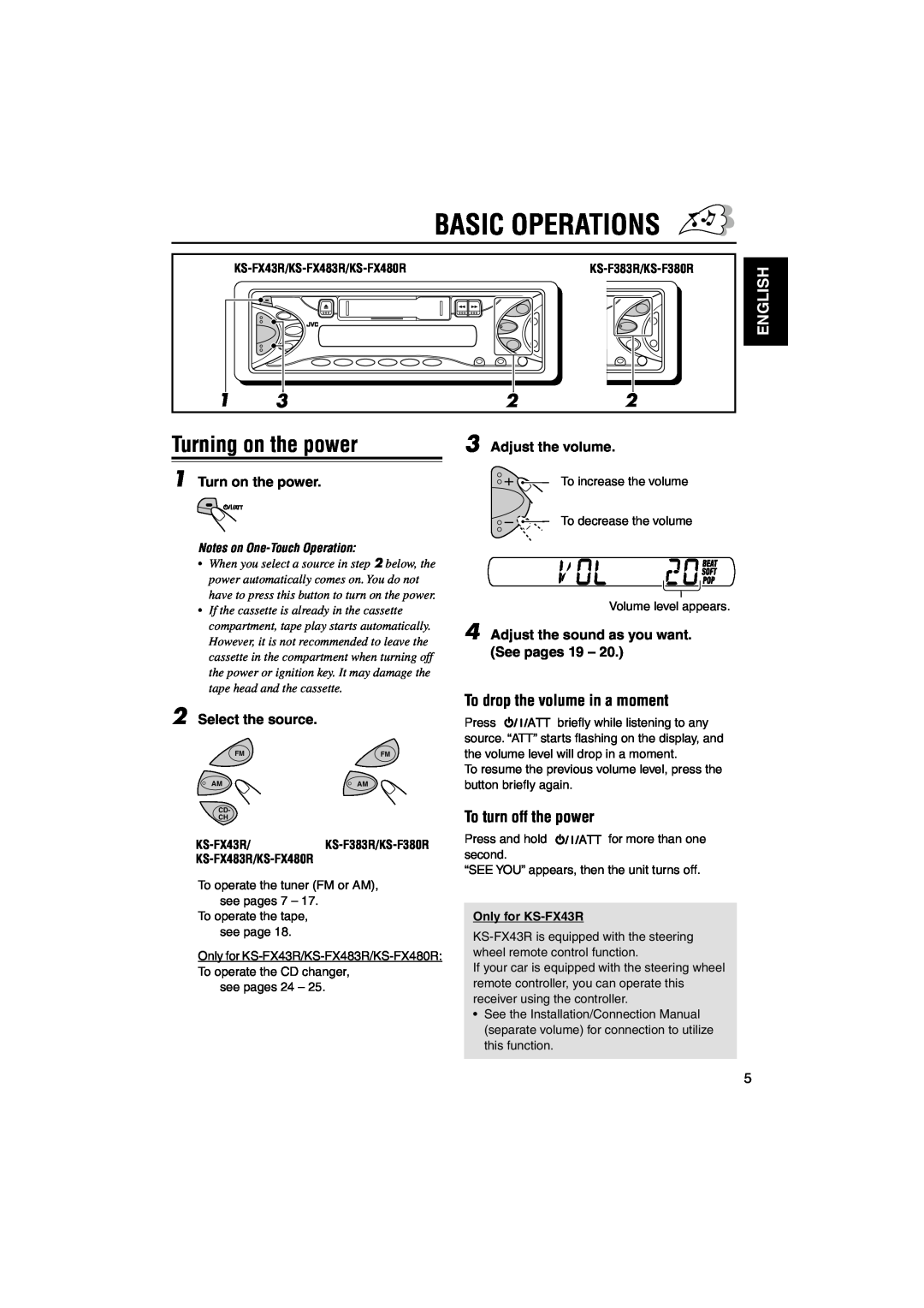 JVC KS-FX480R manual Basic Operations, Turning on the power, English, To drop the volume in a moment, To turn off the power 