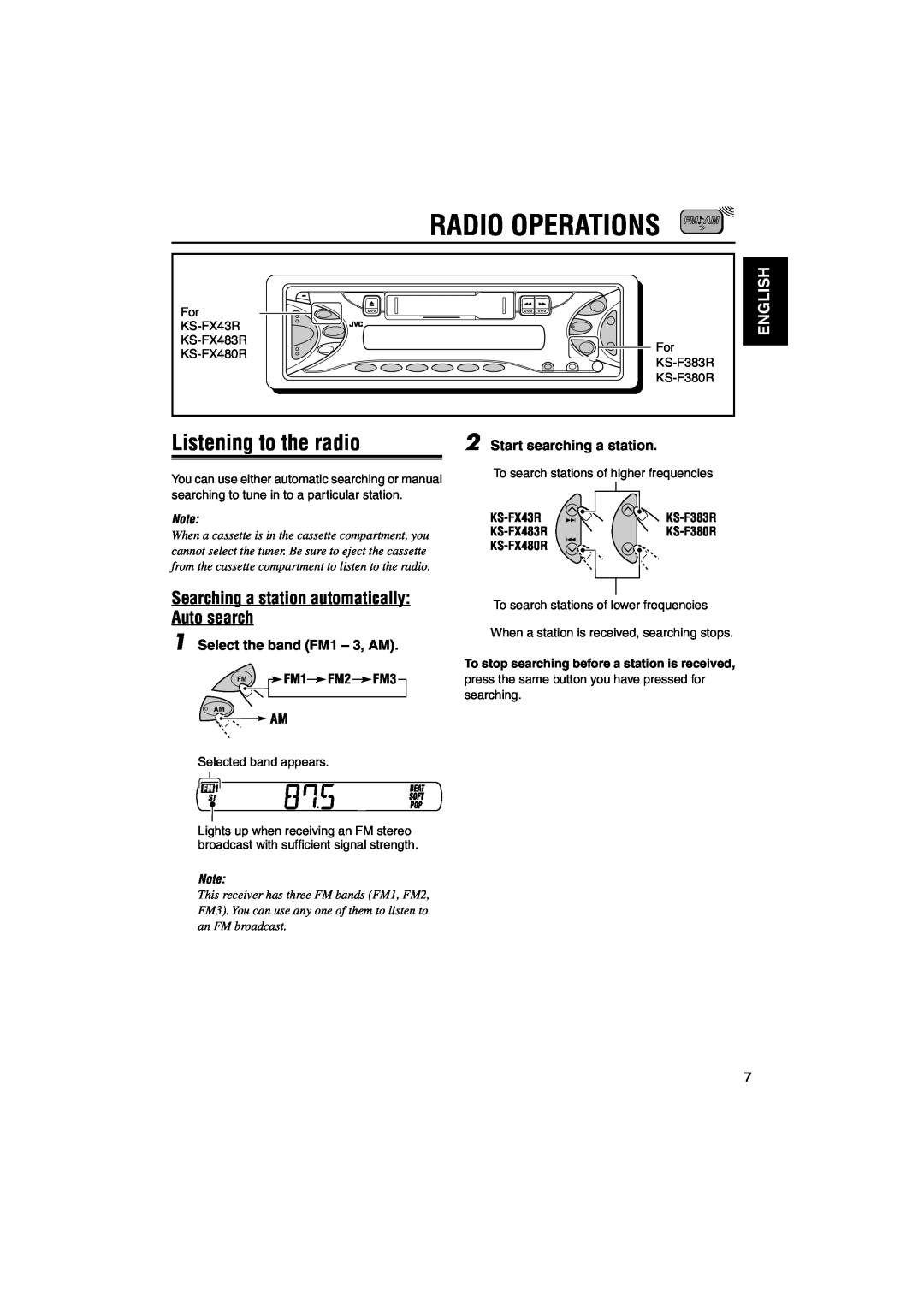 JVC KS-F380R Radio Operations, Listening to the radio, Searching a station automatically Auto search, English, KS-FX43R 