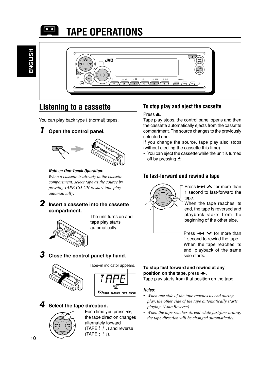 JVC KS-FX490 manual Tape Operations, Listening to a cassette, To stop play and eject the cassette 