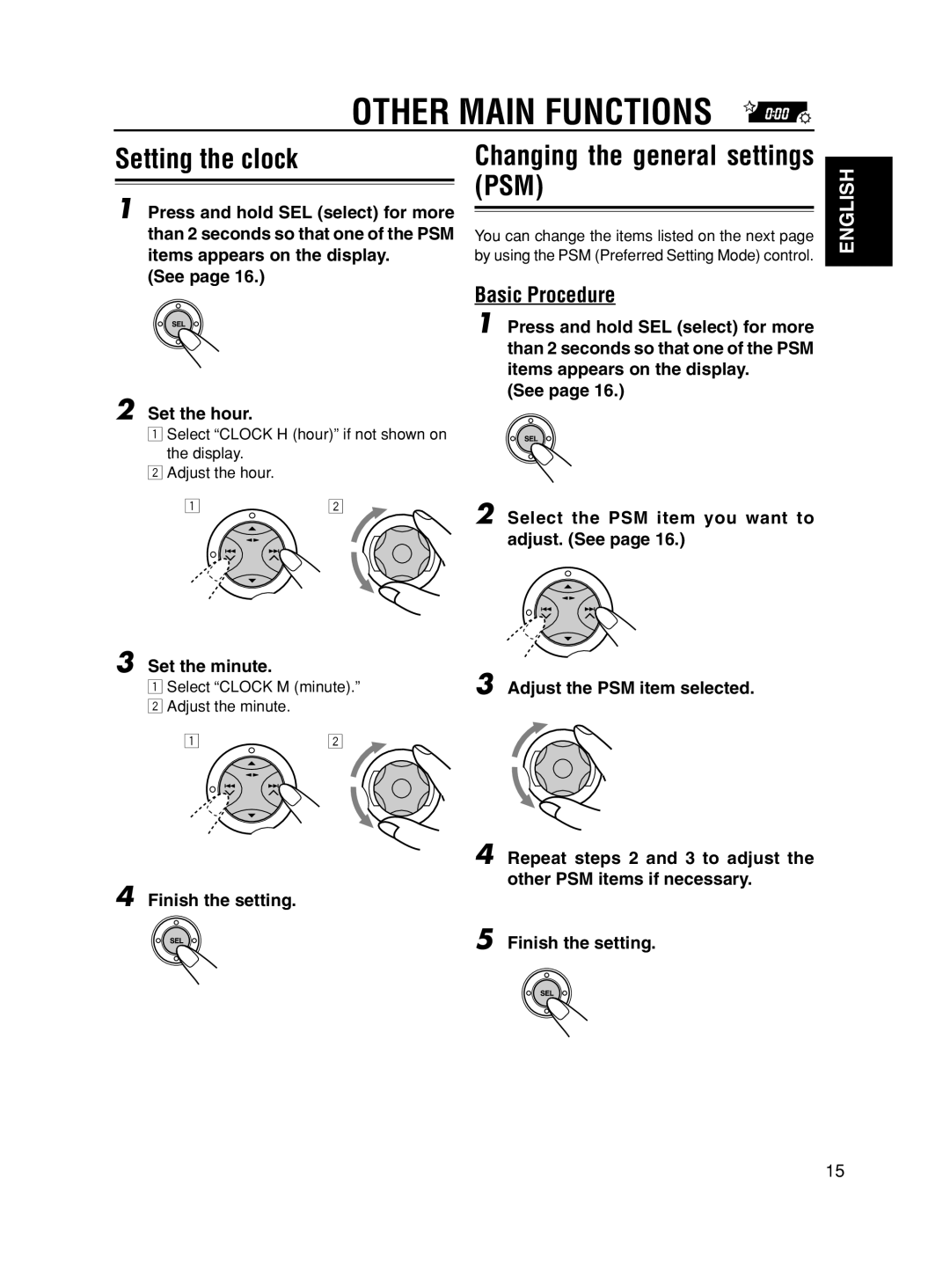 JVC KS-FX490 Other Main Functions, Setting the clock, Changing the general settings PSM, Basic Procedure, Set the minute 