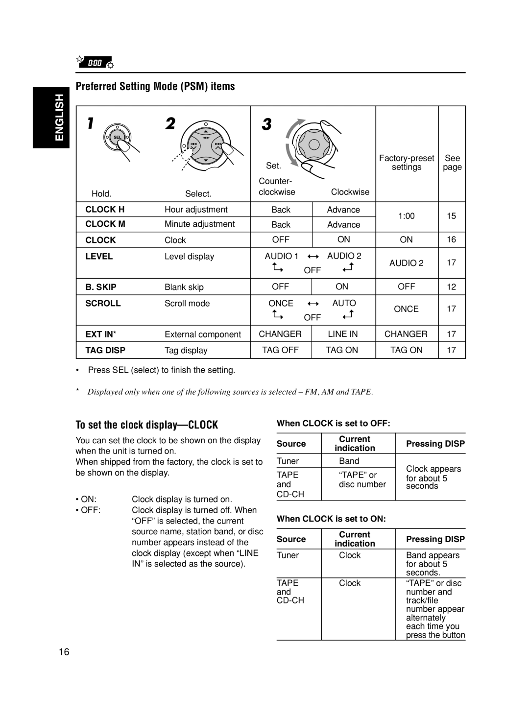 JVC KS-FX490 Preferred Setting Mode PSM items, To set the clock display-CLOCK, When Clock is set to OFF Source Current 