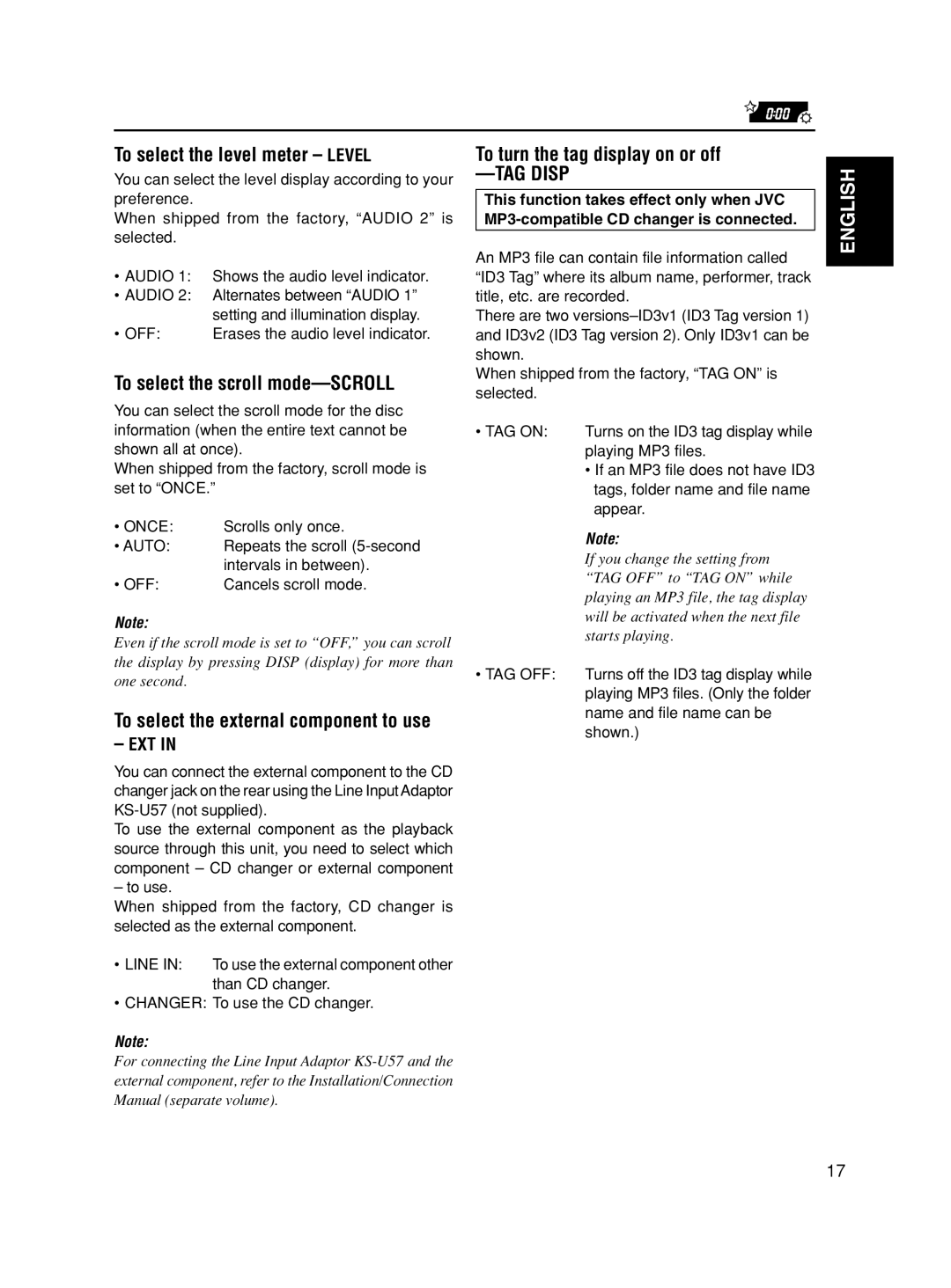 JVC KS-FX490 manual To select the level meter Level, To select the scroll mode-SCROLL, To turn the tag display on or off 