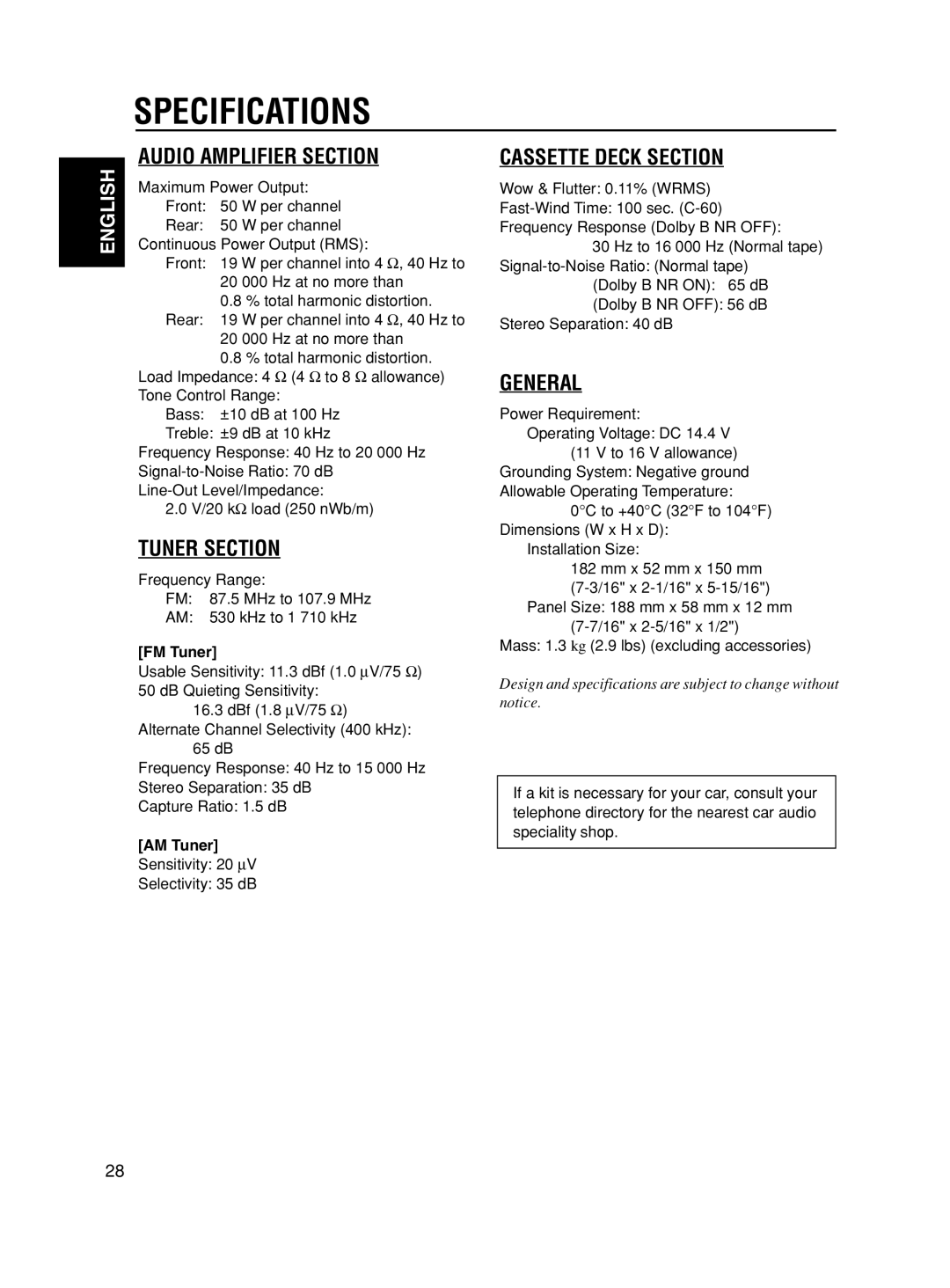 JVC KS-FX490 manual Specifications, FM Tuner, AM Tuner, Sensitivity 20 ∝V Selectivity 35 dB 