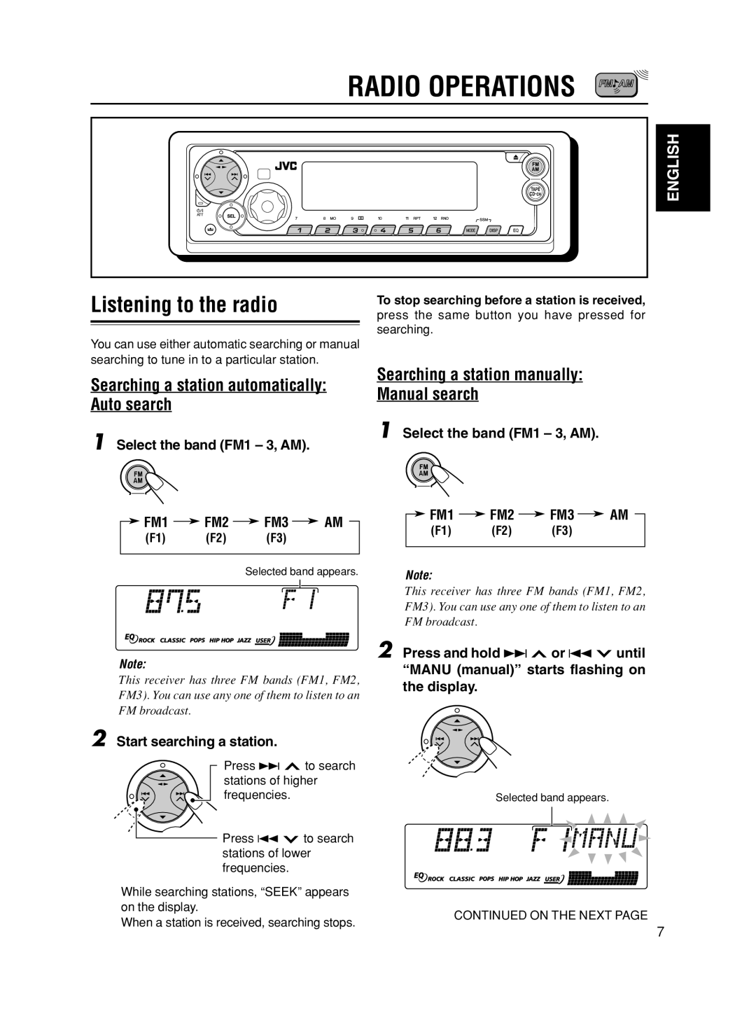 JVC KS-FX490 manual Radio Operations, Listening to the radio, Searching a station automatically Auto search 