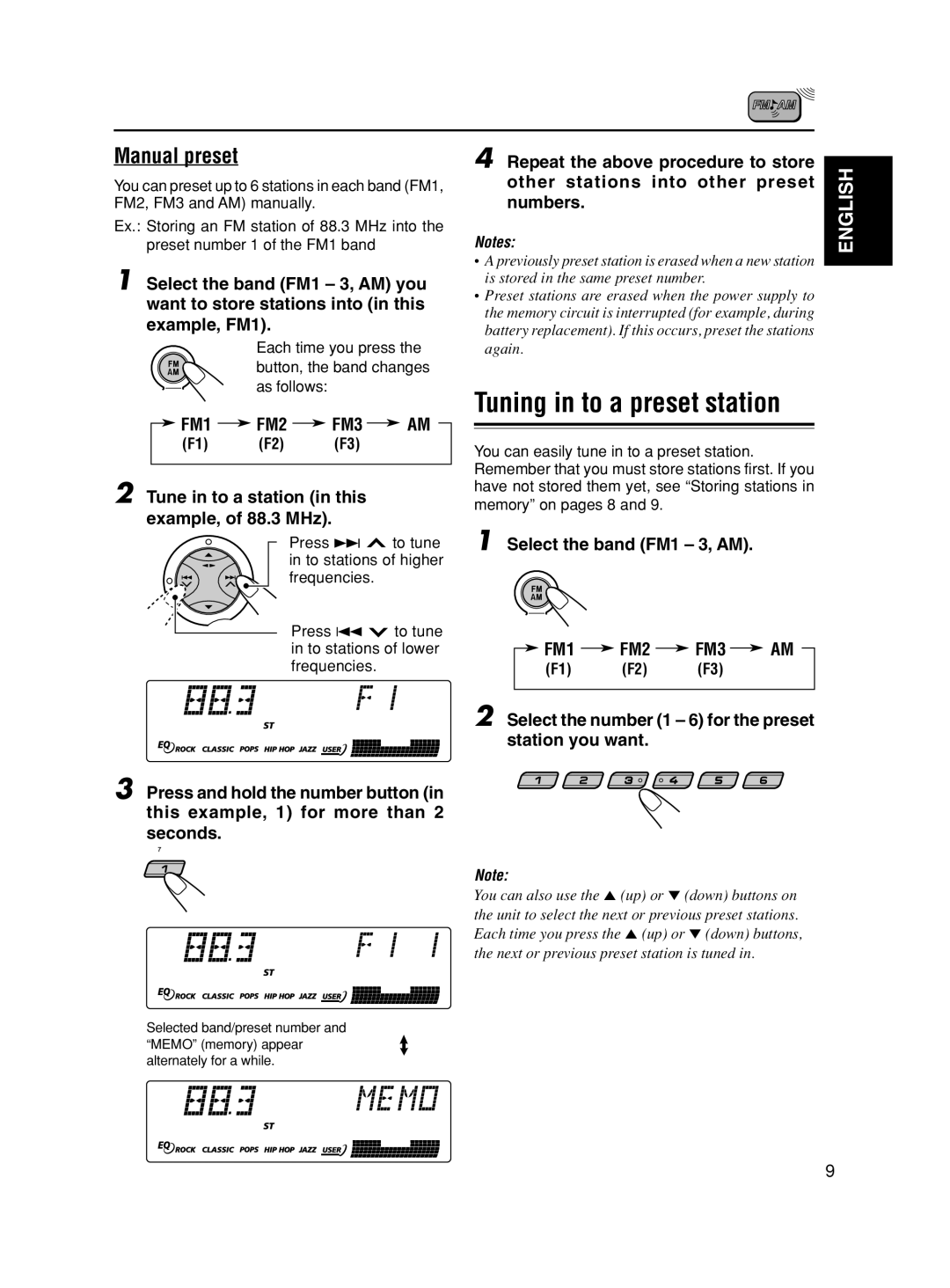 JVC KS-FX490 manual Manual preset, Tune in to a station in this Example, of 88.3 MHz 