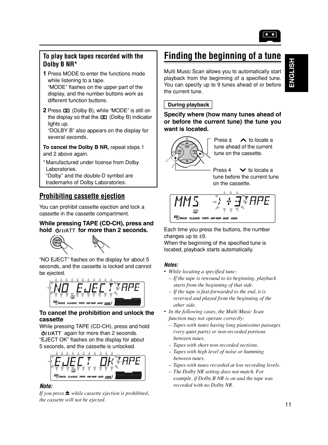 JVC KS-FX490 manual Prohibiting cassette ejection, To play back tapes recorded with the Dolby B NR, During playback 