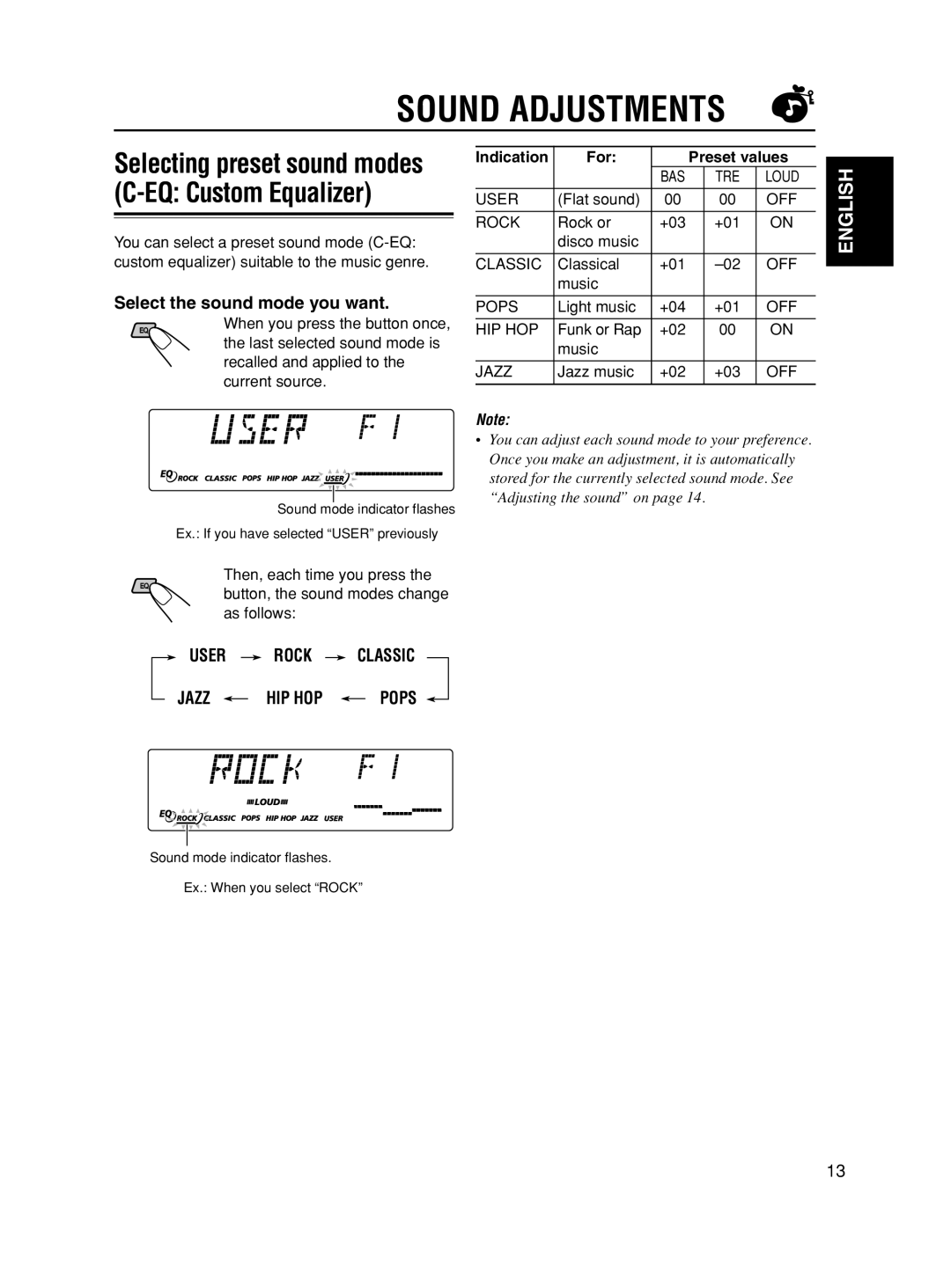 JVC KS-FX490 manual Sound Adjustments, Selecting preset sound modes C-EQ Custom Equalizer, Select the sound mode you want 