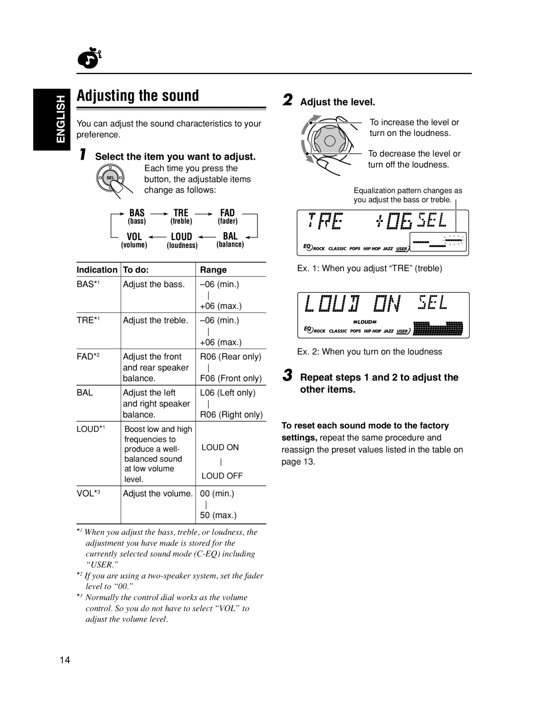 JVC KS-FX490 manual Adjusting the sound, Select the item you want to adjust, Adjust the level 