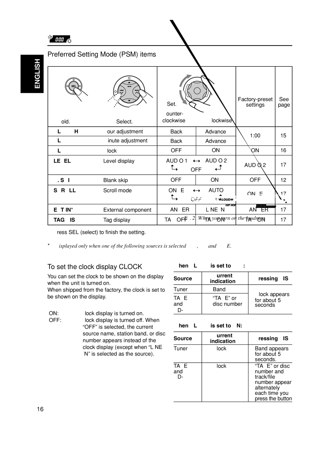 JVC KS-FX490 Preferred Setting Mode PSM items, To set the clock display-CLOCK, When Clock is set to OFF Source Current 