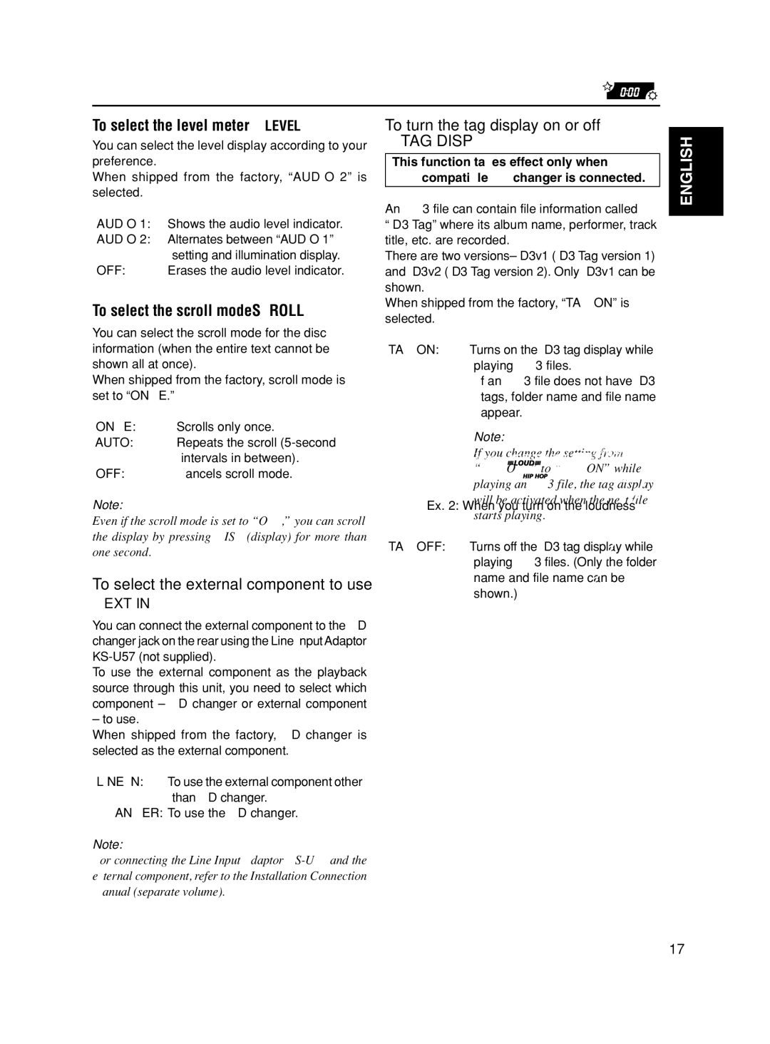 JVC KS-FX490 manual To select the level meter Level, To select the scroll mode-SCROLL, To turn the tag display on or off 