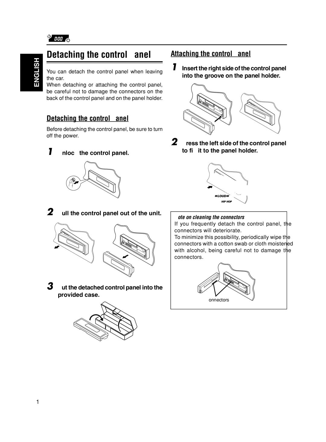 JVC KS-FX490 manual Attaching the control panel, Detaching the control panel 