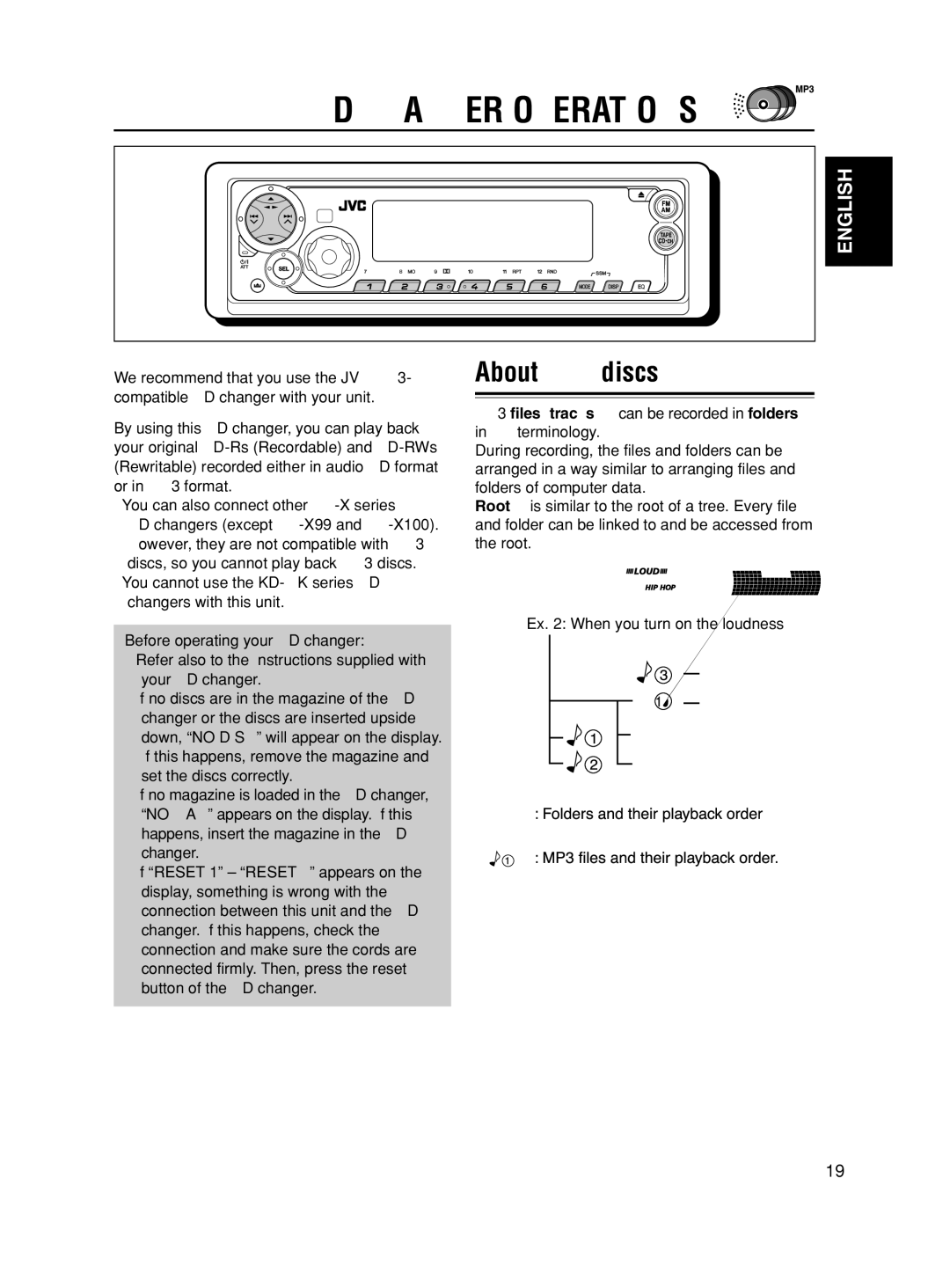 JVC KS-FX490 manual CD Changer Operations, About MP3 discs, Playing discs, Select the CD changer CD-CH 