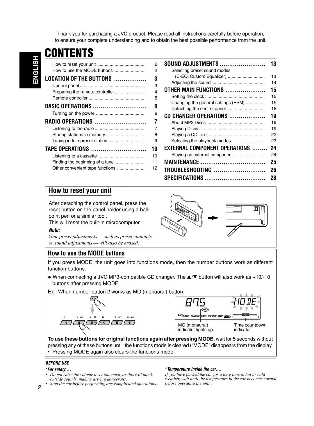 JVC KS-FX490 manual Contents 