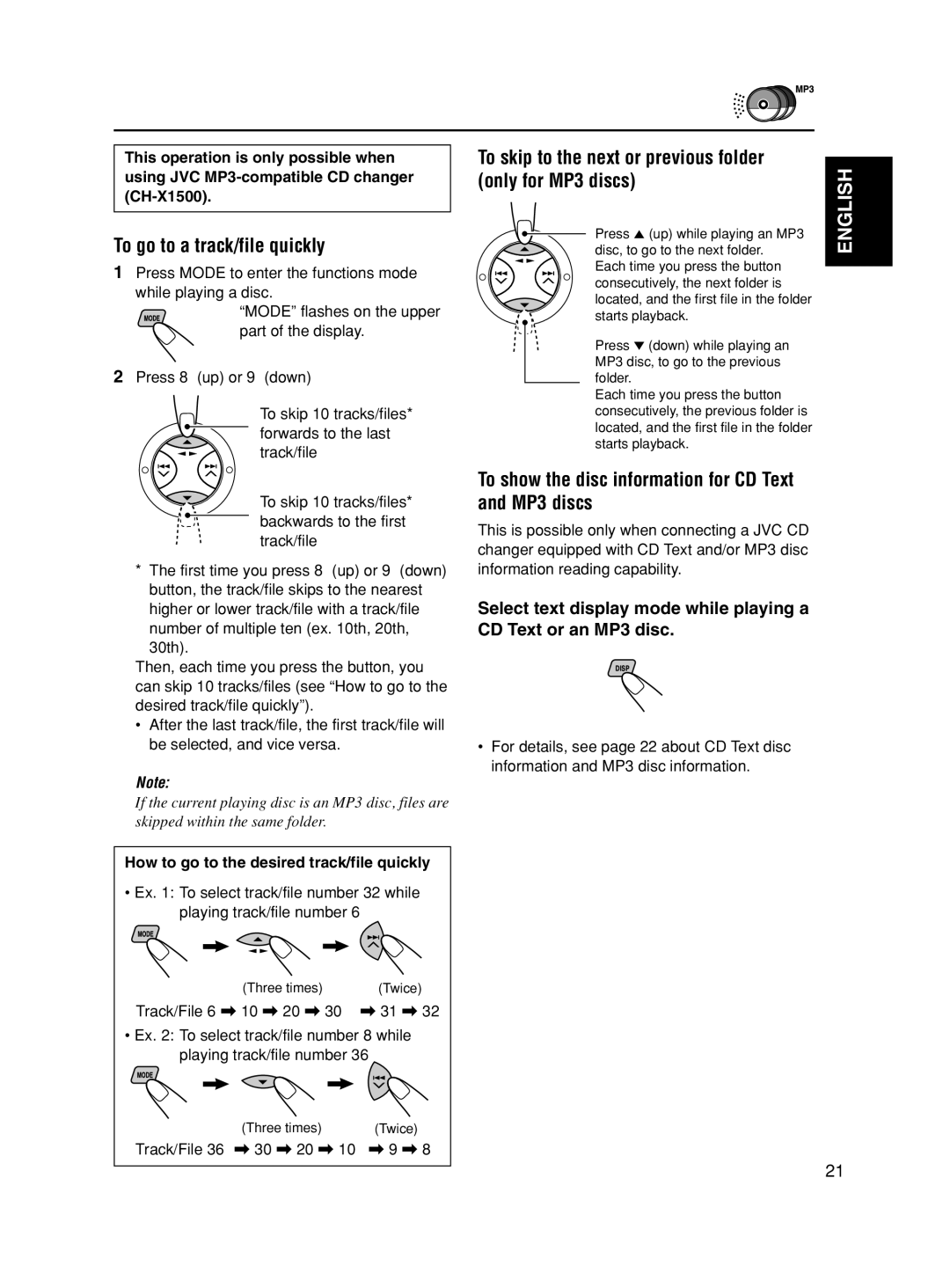 JVC KS-FX490 manual To go to a track/file quickly, To skip to the next or previous folder, Only for MP3 discs 