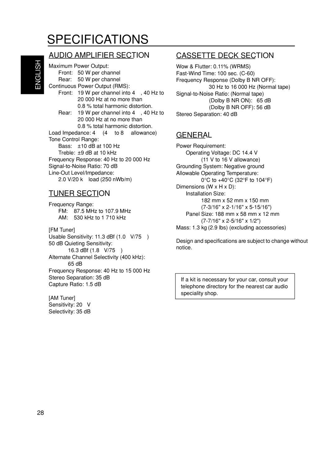 JVC KS-FX490 manual Specifications, FM Tuner, AM Tuner, Sensitivity 20 ∝V Selectivity 35 dB 