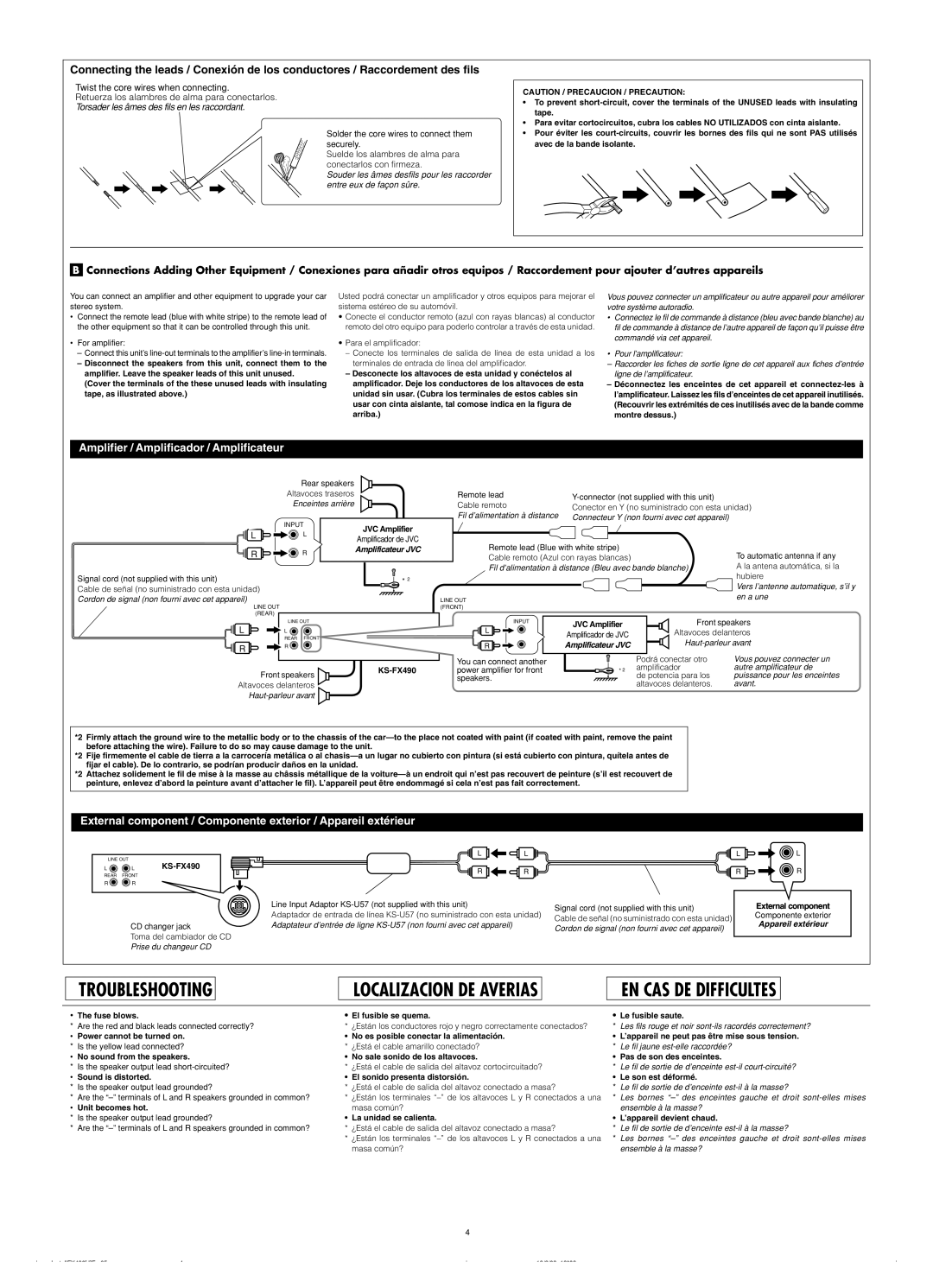 JVC KS-FX490 manual JVC Amplifier, External component, Fuse blows, Power cannot be turned on, No sound from the speakers 