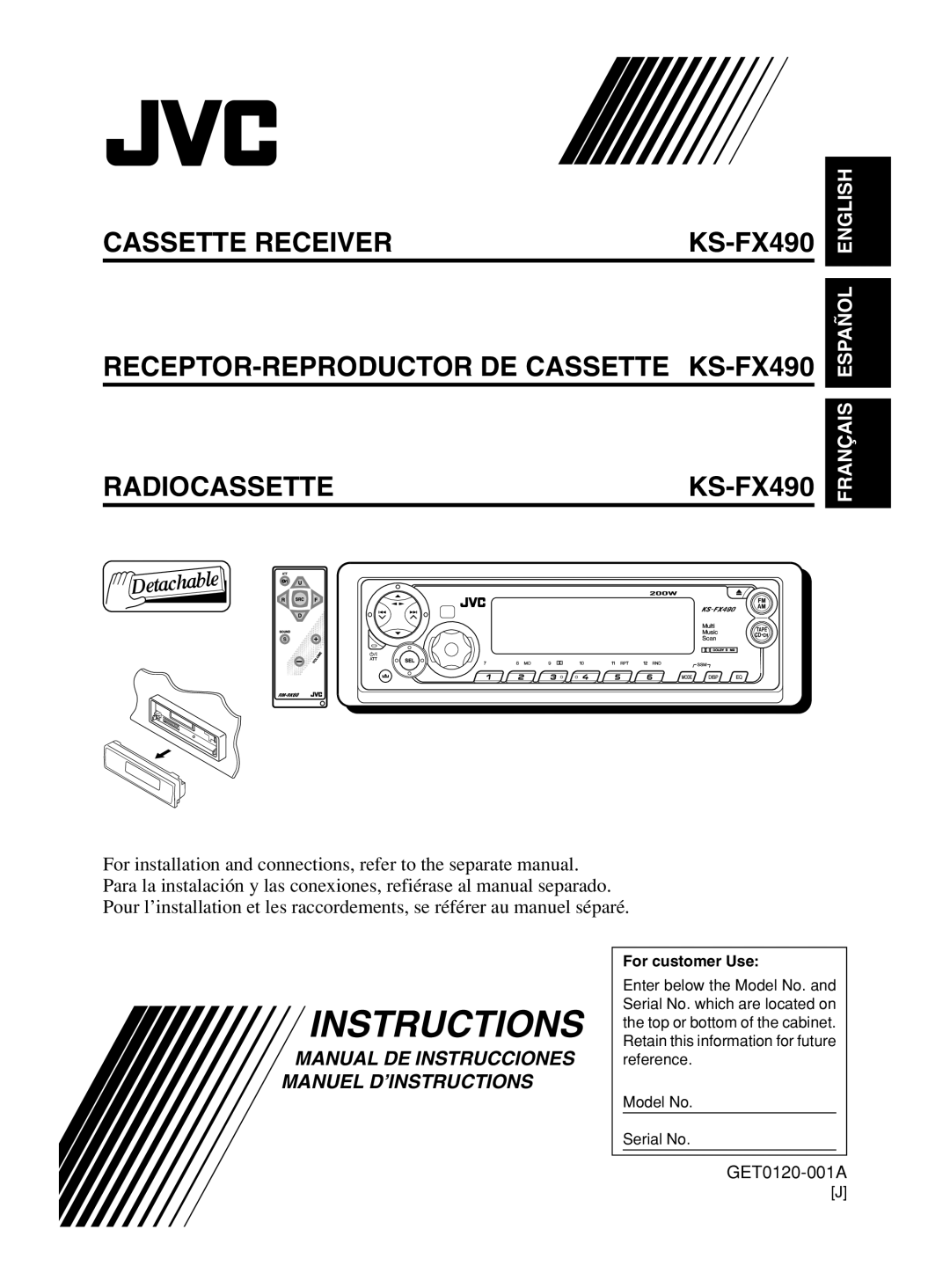JVC manual Cassette Receiver, RECEPTOR-REPRODUCTOR DE CASSETTE KS-FX490, Radiocassette, Français Español English 