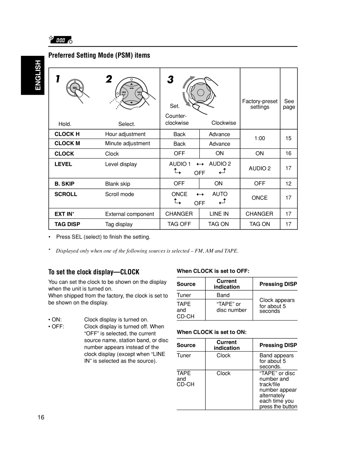 JVC KS-FX490 manual Preferred Setting Mode PSM items, To set the clock display-CLOCK, English, page 