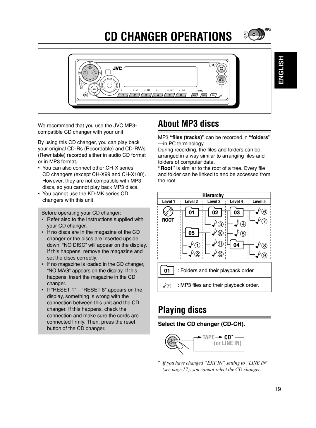 JVC KS-FX490 manual Cd Changer Operations, About MP3 discs, Playing discs, English, Select the CD changer CD-CH, Tape 