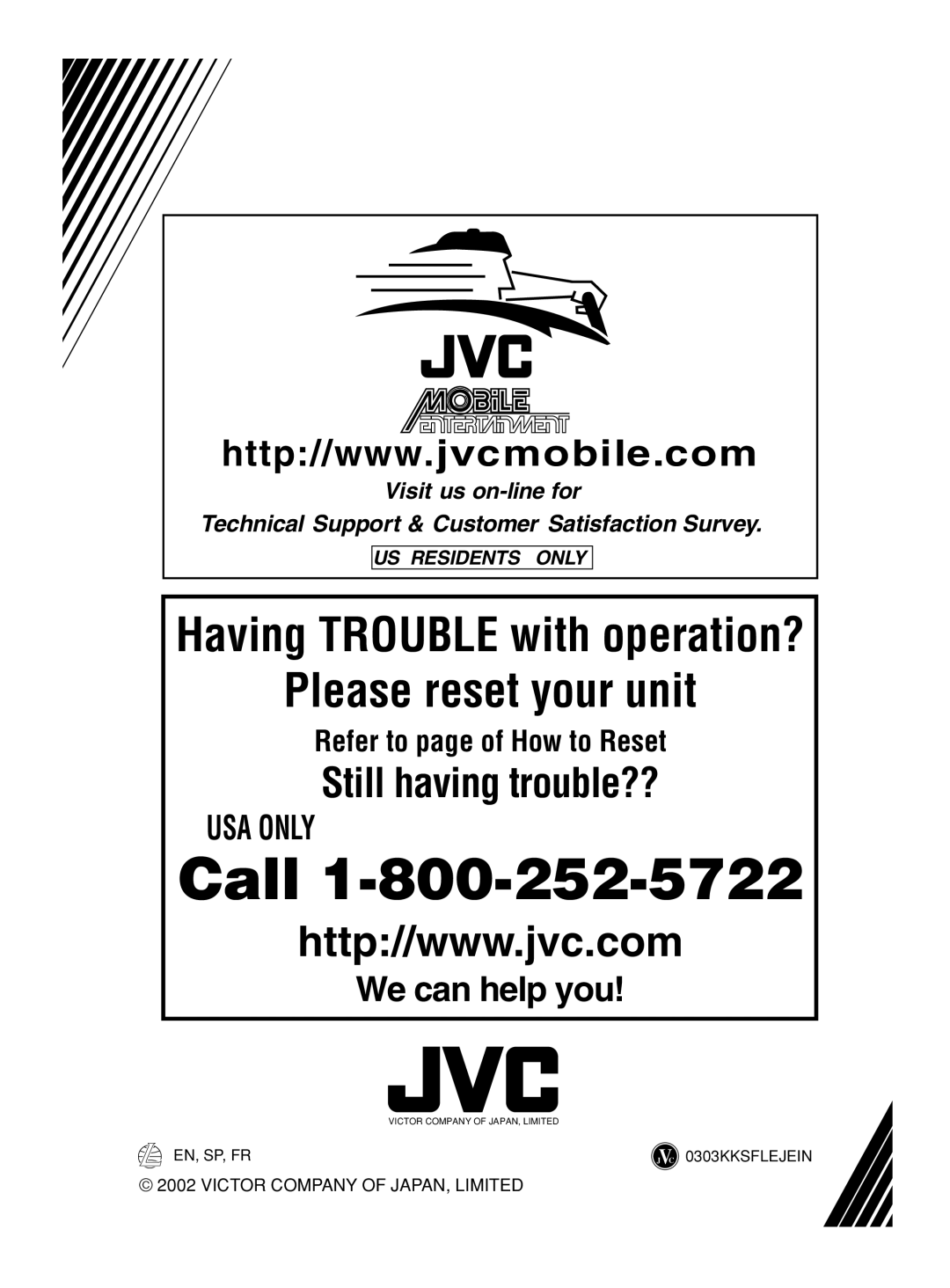 JVC KS-FX490 We can help you, Us Residents Only, Call, Please reset your unit, Having TROUBLE with operation?, Usa Only 