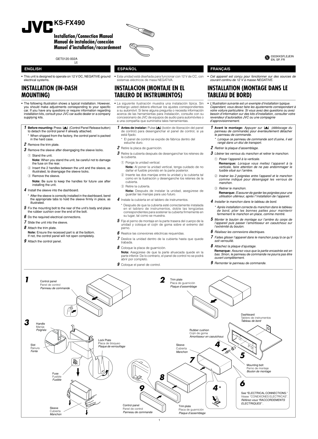 JVC KS-FX490 manual Installation In-Dash, Mounting, Tableau De Bord, English, Français, Tablero De Instrumentos 