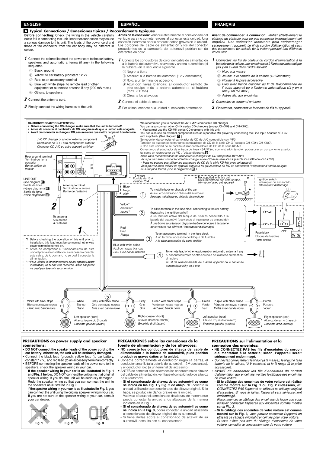 JVC KS-FX490 manual Español, A Typical Connections / Conexiones típicas / Raccordements typiques, English, Français 
