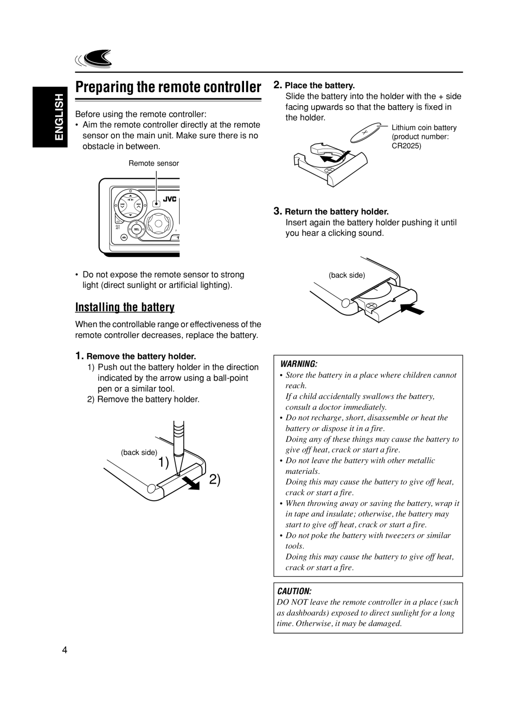 JVC KS-FX490 manual Preparing the remote controller, Installing the battery, English 