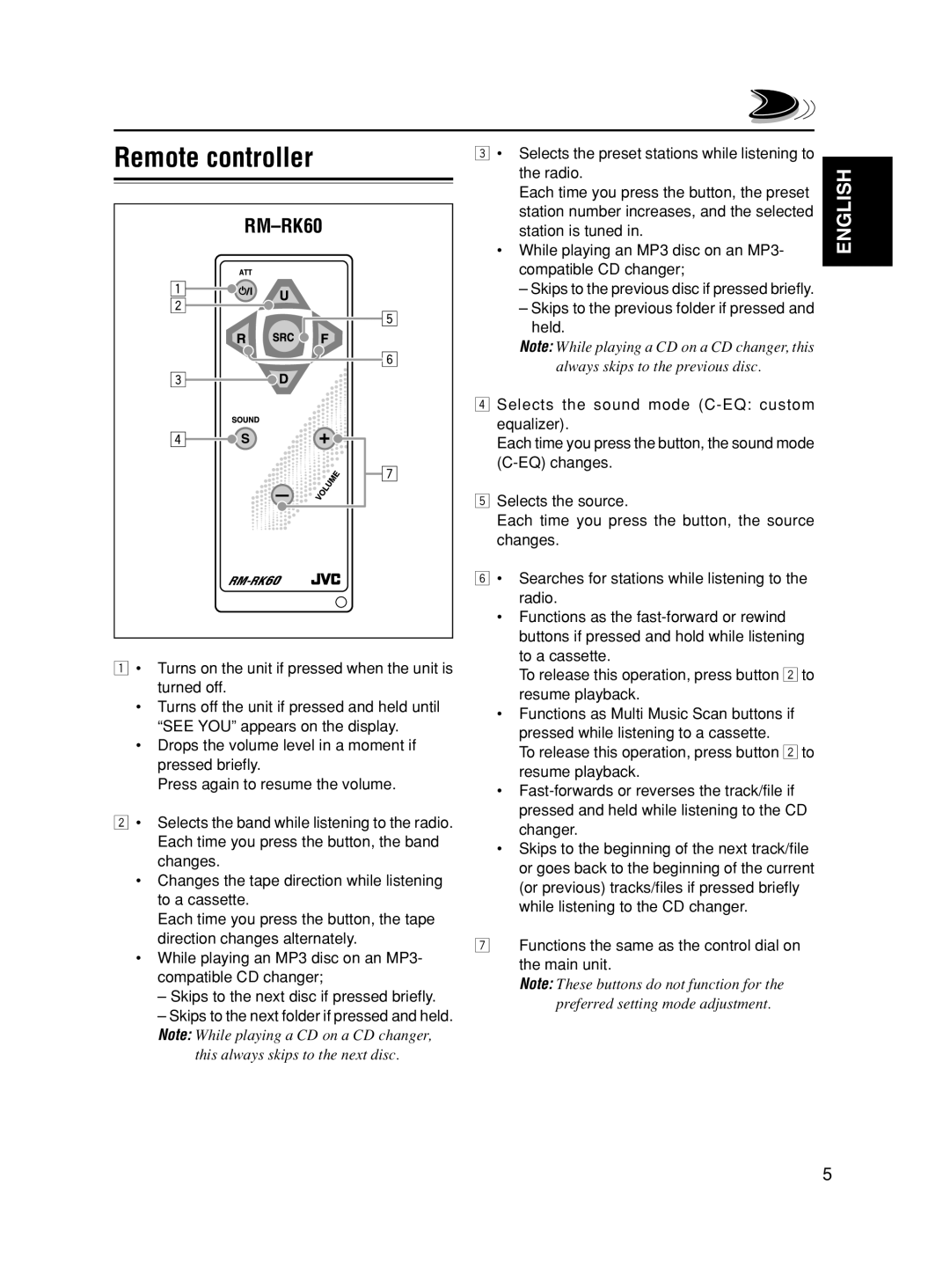 JVC KS-FX490 manual Remote controller, RM-RK60, English 