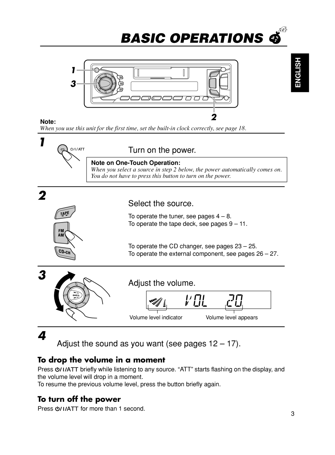 JVC KS-FX7 manual Basic Operations, Turn on the power, Select the source, Adjust the volume 