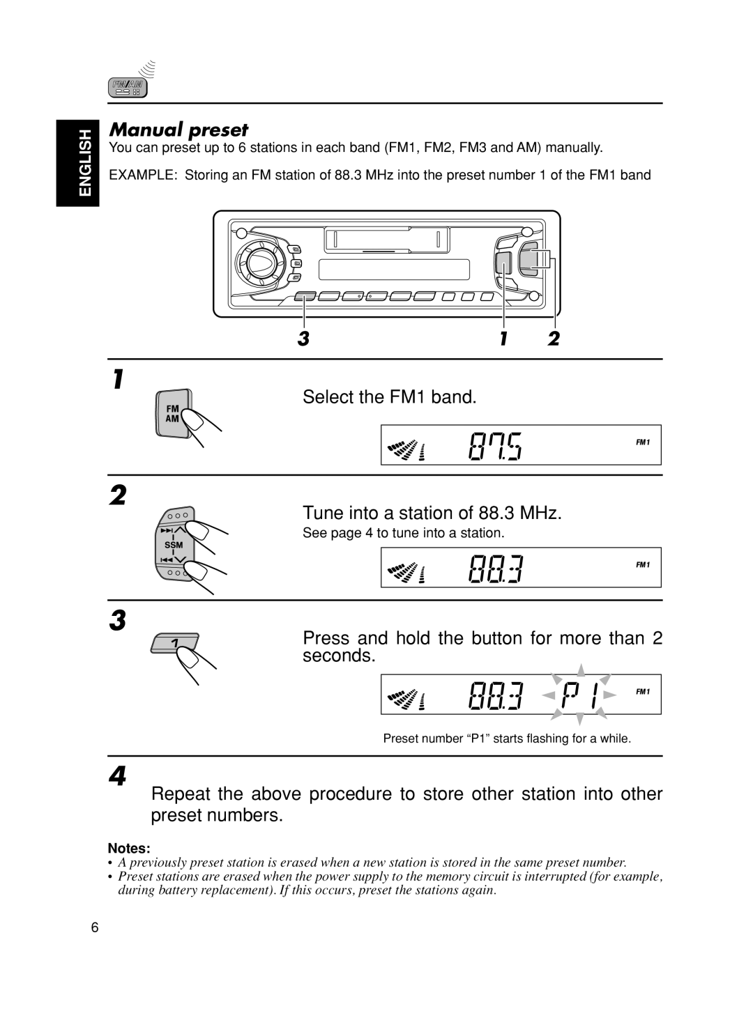 JVC KS-FX7 manual Manual preset, Select the FM1 band Tune into a station of 88.3 MHz 