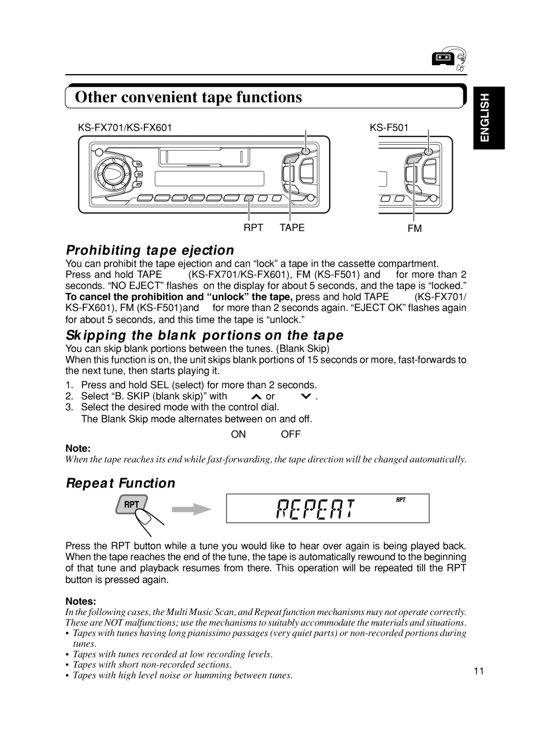 JVC KS-FX701 manual Other convenient tape functions, Prohibiting tape ejection, Skipping the blank portions on the tape 