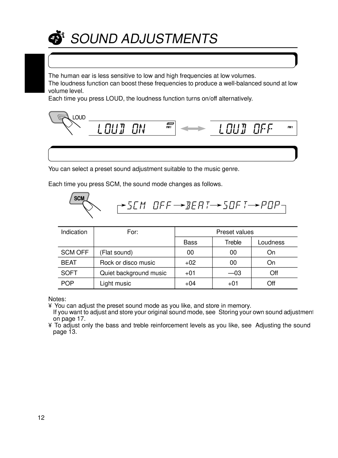 JVC KS-FX701 manual Sound Adjustments, Turning on/off the loudness function, Selecting preset sound modes 