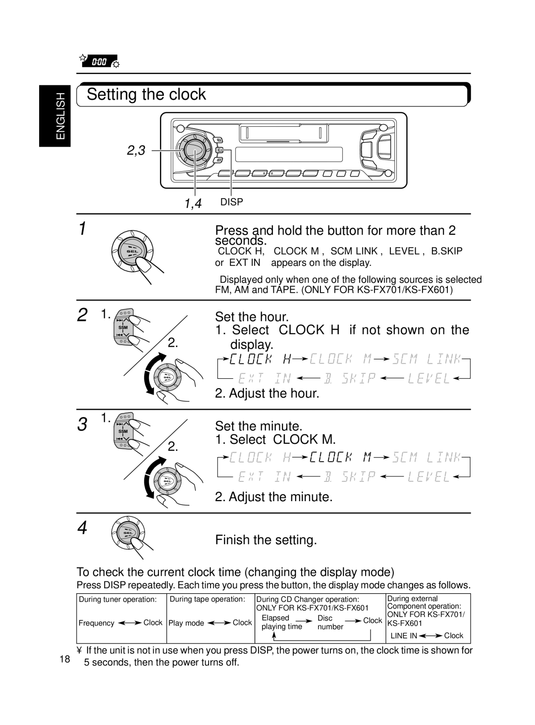 JVC KS-FX701 manual Other Main Functions, Setting the clock, Disp 