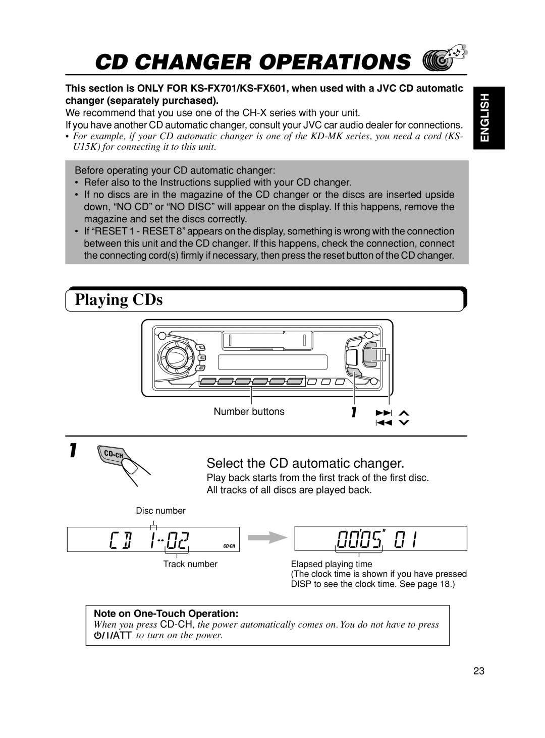 JVC KS-FX701 manual CD Changer Operations, Playing CDs, Select the CD automatic changer 